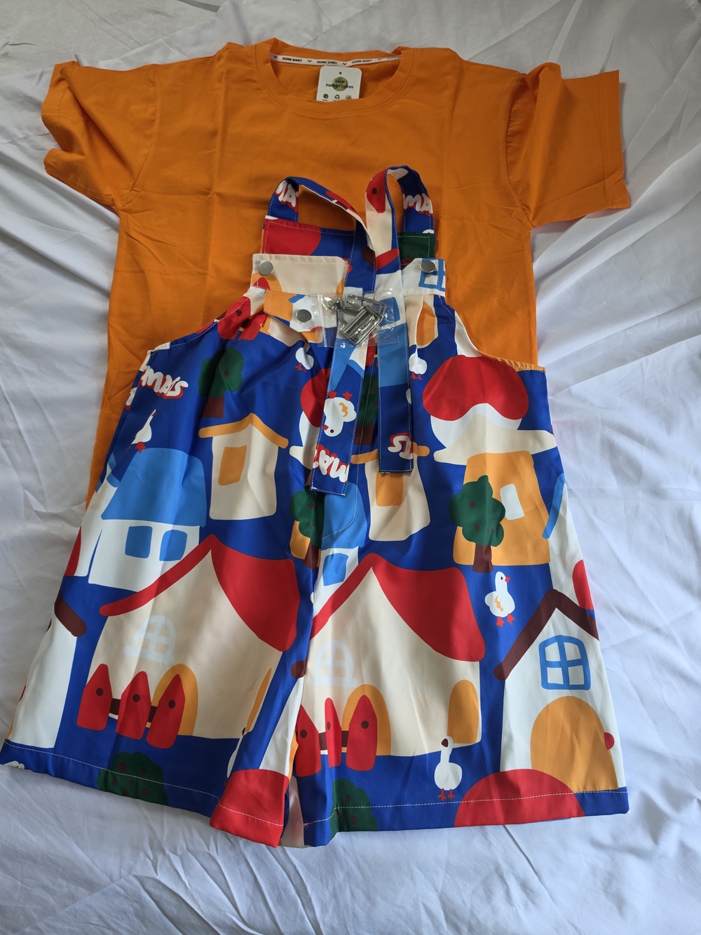 PatPat Orange Tee with Multicolor House Print Pinafore Set